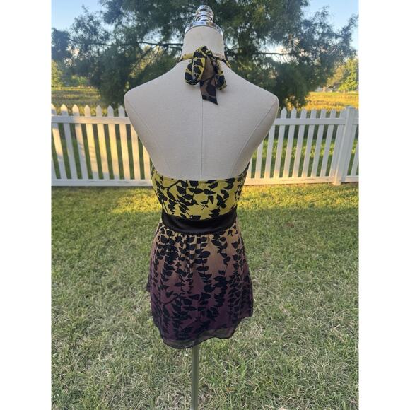 Express Y2K Silk Halter Top Lime Green Purple Ombré Tropical Leaf Blouse Sz 10 - Picture 5 of 16